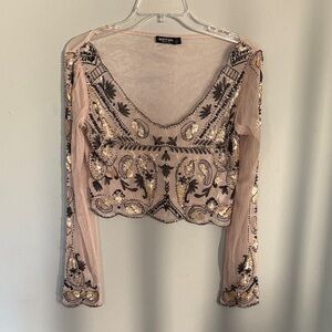 Nasty Gal Sheer Embroidered Blouse - Black and Gold Size 2